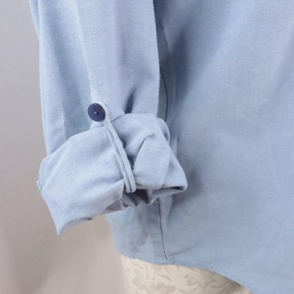 Napa Valley Petites Women's M Blue Embroidered Leaf Button-Up Roll-Tab Shirt - Picture 7 of 9